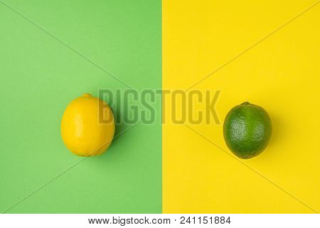 Ripe Organic Lemon And Lime On Split Duotone Green Yellow Background. Styled Creative Image. Citrus 