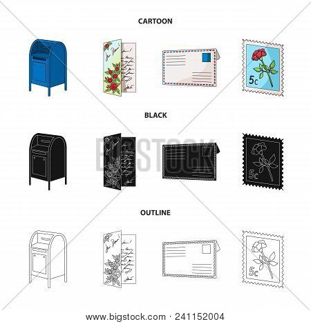 Mailbox, Congratulatory Card, Postage Stamp, Envelope.mail And Postman Set Collection Icons In Carto