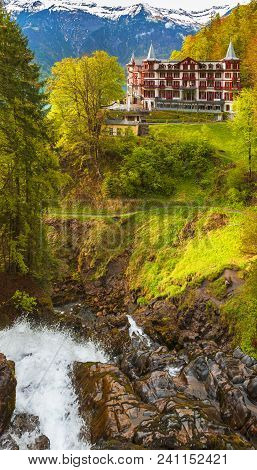Brienz, Switzerland - April 2017: View On Grandhotel Giessbach At The Waterfall