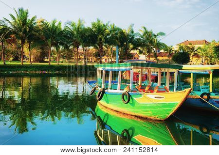 Boats At The Embankment Of Thu Bon River In Hoi An, Vietnam