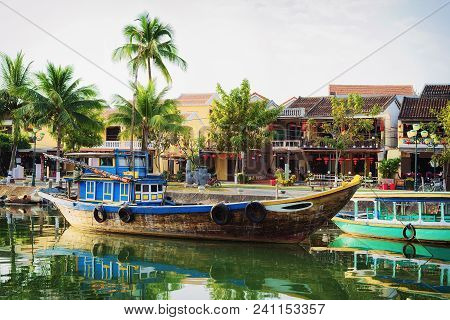 Ship At The Embankment Of Thu Bon River In Hoi An, Vietnam