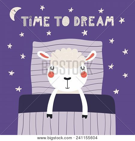 Hand Drawn Vector Illustration Of A Cute Funny Sleeping Sheep, With Pillow, Blanket, Lettering Quote