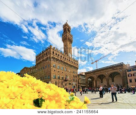 Florence, Italy - October 15, 2016: Flowers At Old Palace, Palazzo Vecchio On Square Of Signora, Pia