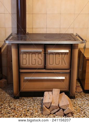 Old Wood Burning Stove In The Kitchen Of An House In Europe