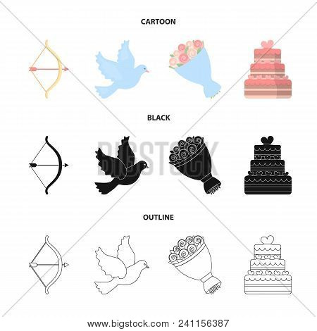 Arrow Cupid, Dove, Bouquet Of Flowers, Wedding Cake. Wedding Set Collection Icons In Cartoon, Black,