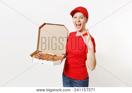 Delivery Woman In Red Uniform Isolated On White Background. Pretty Female In Cap, T-shirt, Jeans Wor