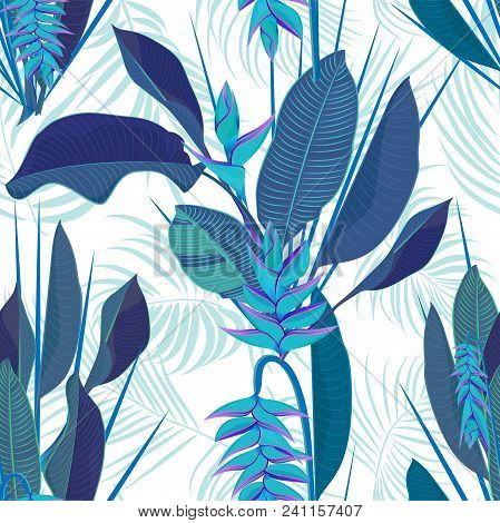 Branch Tropical Heliconia Flower Leaves Seamless Background. Watercolor Realistic Drawing In Flat Bl