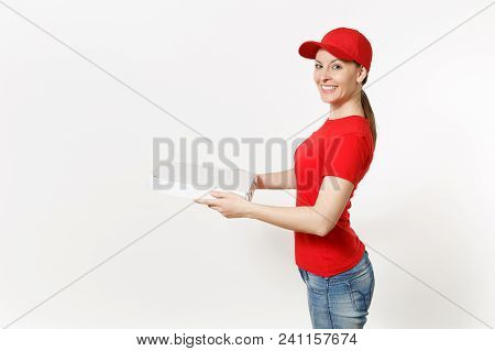 Delivery Woman In Red Uniform Isolated On White Background. Pretty Female In Cap, T-shirt, Jeans Wor