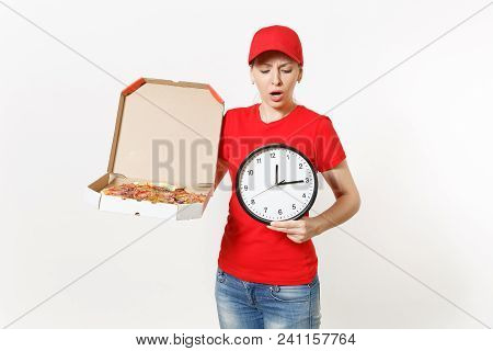 Delivery Woman In Red Uniform Isolated On White Background. Pretty Female In Cap, T-shirt, Jeans Wor