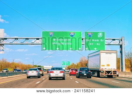 Dewark, Usa - May 3, 2015: Car On The Road, Delaware Turnpike, De, America