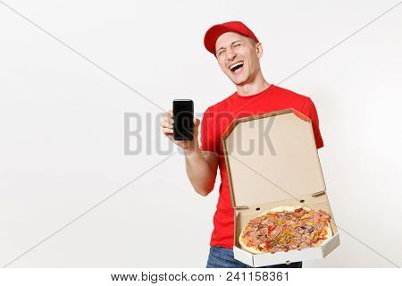 Delivery Smiling Man In Red Uniform Isolated On White Background. Male Pizzaman Courier In Cap, T-sh
