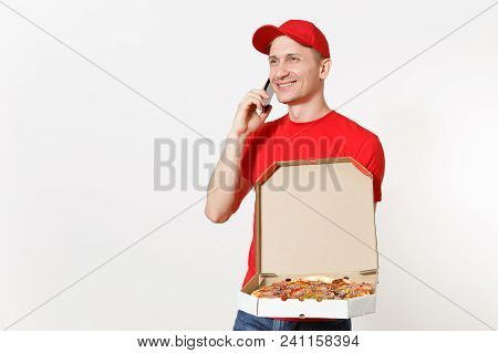 Delivery Smiling Man In Red Uniform Isolated On White Background. Male Pizzaman Courier In Cap, T-sh