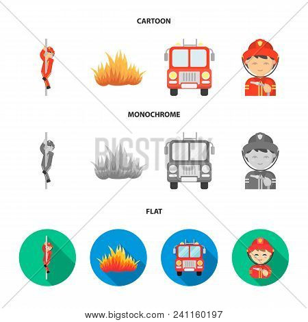 Fireman, Flame, Fire Truck. Fire Department Set Collection Icons In Cartoon, Flat, Monochrome Style 