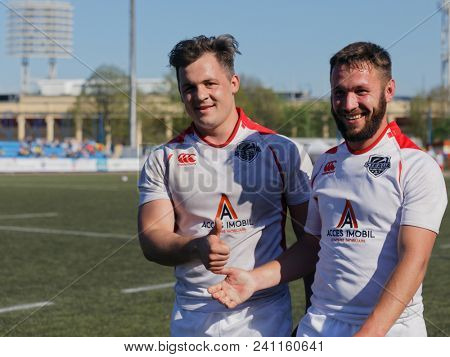 ST. PETERSBURG, RUSSIA - MAY 12, 2018: Players of RC Steaua, Moldova after the match against RC Krasny Yar, Russia during Rugby Europe Sevens Club Champion's Trophy. Steaua won 21-14