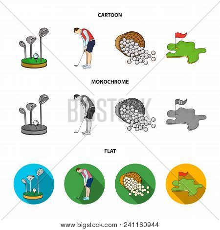 Stand For A Golf Club, Muzhchin Playing With A Club, Basket With Balls, Label With A Flag On The Gol