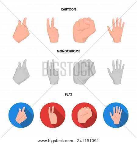 Open Fist, Victory, Miser. Hand Gesture Set Collection Icons In Cartoon, Flat, Monochrome Style Vect