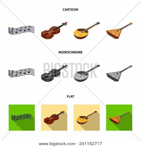 Musical Instrument Cartoon, Flat, Monochrome Icons In Set Collection For Design. String And Wind Ins