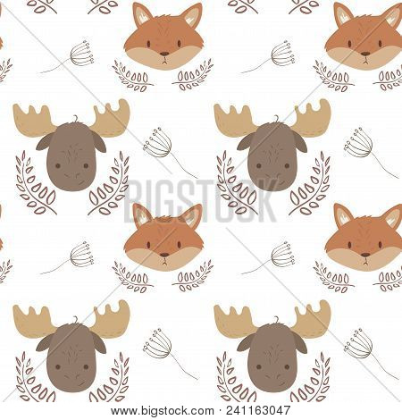 Cute Cartoon Forest Baby Animals Seamless Pattern Fox And Elk. Cartoon Vactor Illustration