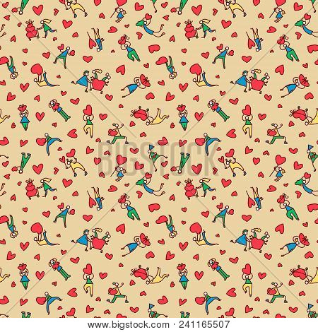 Valentine Day People Seamless Pattern. Background With Shopping Men And Women With Hearts And Shoppi