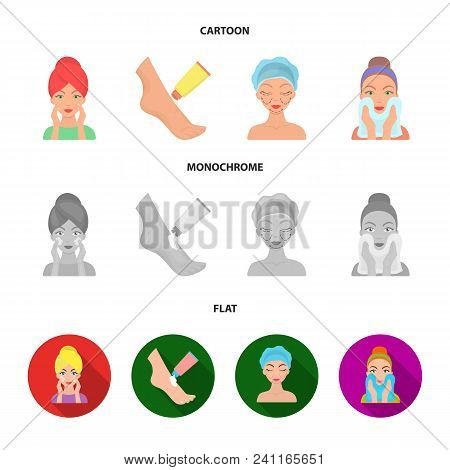 Face Care, Plastic Surgery, Face Wiping, Moisturizing The Feet. Skin Care Set Collection Icons In Ca