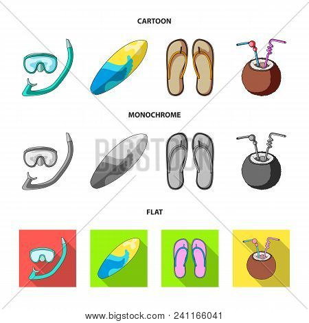 Diving, Surfing, Cocktail.summer Vacation Set Collection Icons In Cartoon, Flat, Monochrome Style Ve
