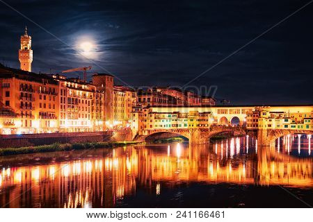 Ponte Vecchio Bridge At Florence In Italy. At Night