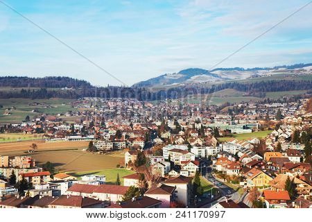 Aerial View Of Thun Town And Mountains. Thun Is A City In The Canton Of Bern In Switzerland, Where T