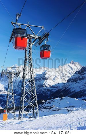Cable Car Cabins On Winter Sport Resort In Swiss Alps In Mannlichen, Switzerland
