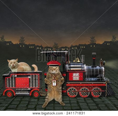The Cat Railwayman Is Next To The Train. Another One Is  Already In The Carriage.