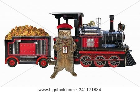 The Train Is Loaded With Feed For Pet. The Cat Railwayman Is Next To It. White Background.