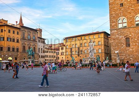 Florence, Italy - August 29, 2012: Neptune And Other Statues On Square Of Signora In Florence In Ita