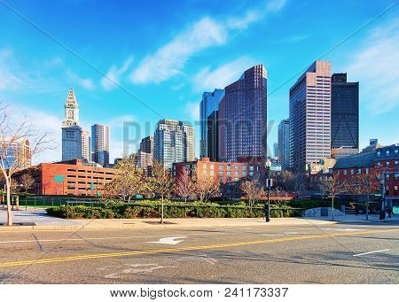 Financial District And Custom House Tower And North End Park At Cross Street Of Downtown Boston, Mas