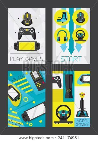 Video Games And Gamers Certical Cards Design. Accessories For Playing As Controllers And Joysticks, 