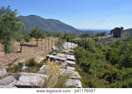 Fortification Wall Of The Arcadian Castle Of Famous Archaeological Site Near Ancient Messini, Pelopo