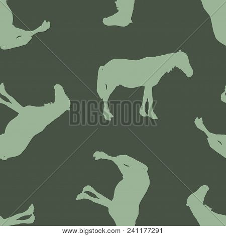 Seamless Pattern. Silhouette Of A Horse. Green On A Green Background.