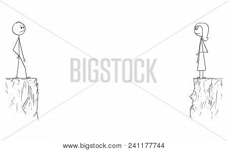 Cartoon Stick Man Drawing Conceptual Illustration Of Man And Woman Standing Far On Different Sites O