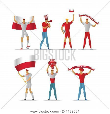 Poland Football Fans. Cheerful Soccer Supporters Crowd. Vector Illustration.
