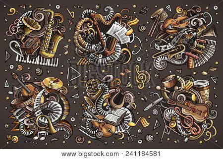 Colorful Vector Hand Drawn Doodles Cartoon Set Of Classical Musical Instruments Combinations Of Obje
