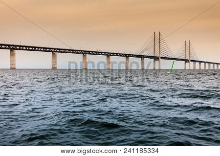 Oresundsbron. The Oresund Bridge Link Between Denmark And Sweden, Europe, Baltic Sea. View From Sail