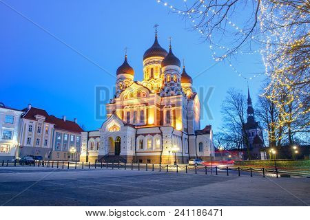 Russian Orthodox Alexander Nevsky Cathedral And Christmass Illuminated At Night, Tallinn, Estonia