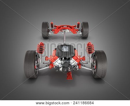 Suspension Of The Car With Wheel And Engine Undercarriage In Detail Isolated On Black Gradient Backg
