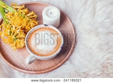 Coffee And Flowers On The Wooden Tray. Morning At Home.