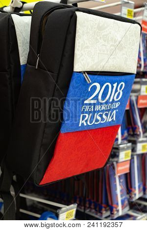 Moscow, Russia - April 21, 2018: Back Pack Laptop Bag In A Gift Shop With World Cup Fifa 2018 Mundia