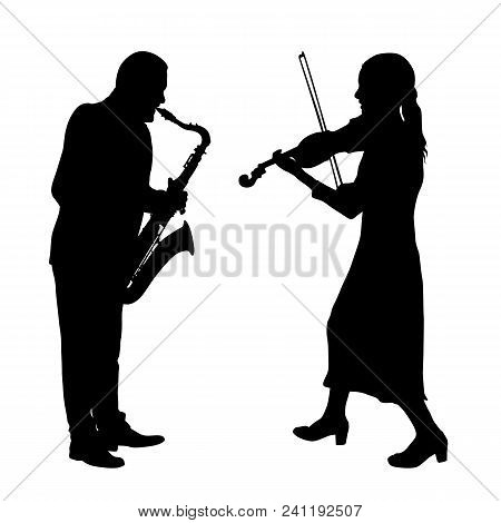 Silhouettes A Musician Playing The Violinon Snd Saxophone A White Background.