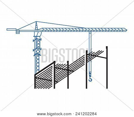 Tower Crane Works In The Background. Construction Background With Crane And Construction Site