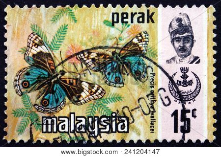 Malaysia - Circa 1971: A Stamp Printed In Malaysia Shows Blue Pansy, Junonia Orithya, Butterfly, Cir