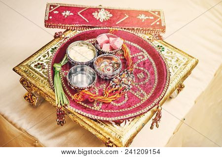 The Red Velvet On Gold Decoration Table Of Prayer Items For Thread Ceremony (puja, Pooja) Of Indian 