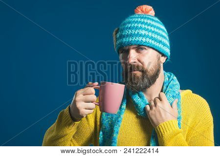 Bearded Man Warming Up With Hot Tea In Winter Time. Stylish Man With Beard And Mustache Drinking Hot