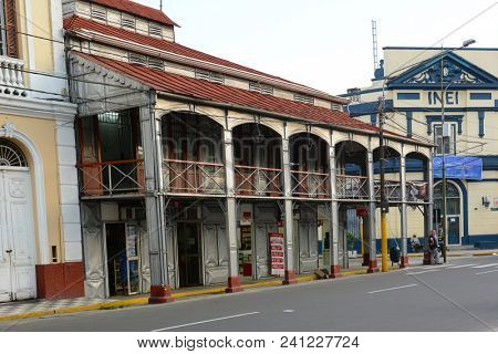 IQUITOS, PERU - OCTOBER 17, 2015: The Iron House. Said to have been designed by Gustave Eiffel and brought in pieces through the jungle to Iquitos in 1890.