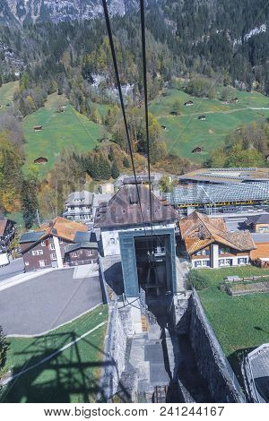 Cable Car Station Rise Up To Mountain From Lauterbrunnen To Gutschalp